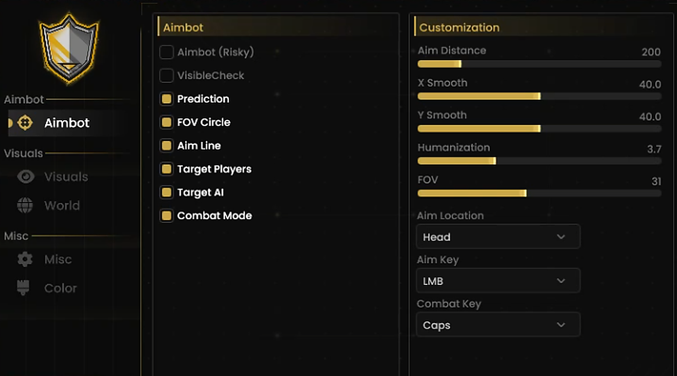 Aimbot menu with prediction, FOV, and smoothing settings