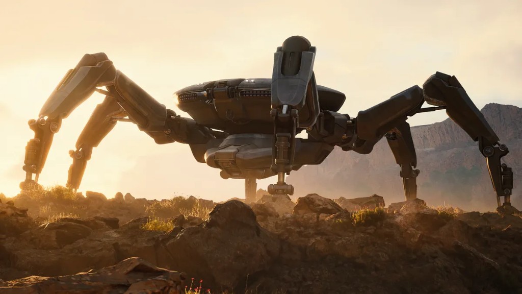 Arc Raiders battlefield with the Queen Boss creature looming over rocky terrain
