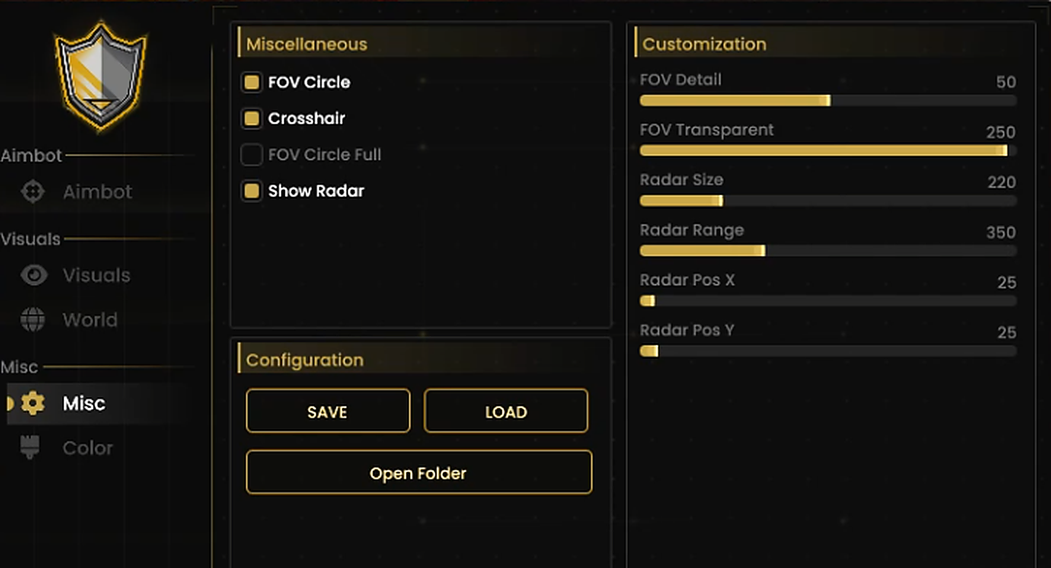 Misc menu with radar, crosshair, and config buttons