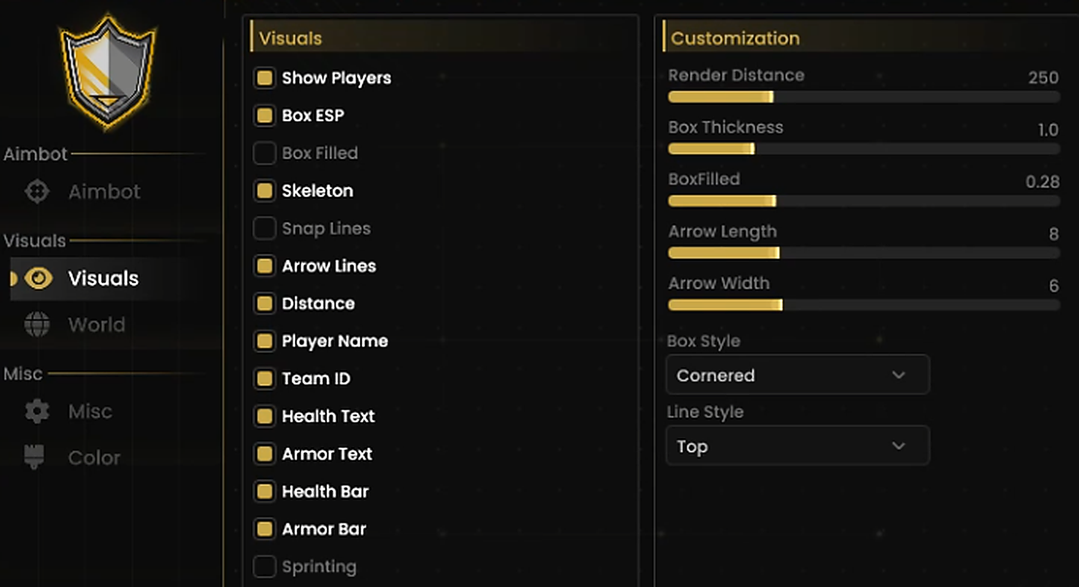 Visuals menu with ESP, skeleton, and health bar options