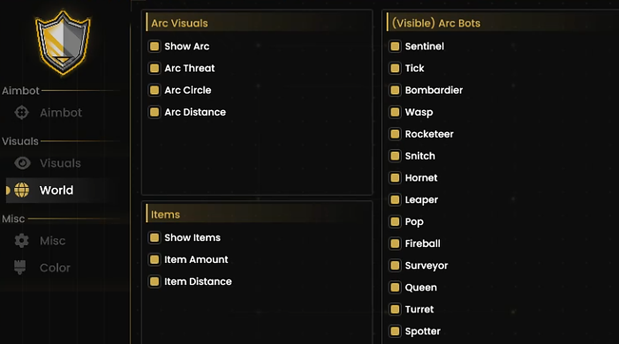World menu with Arc visuals and bot filters